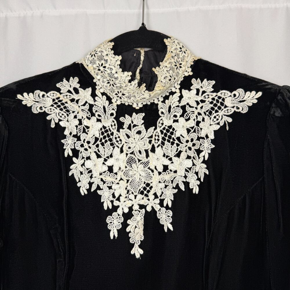 Vintage 1980s Gunne Sax Jessica McClintock Black Velvet Midi Dress Basque 9 - Picture 4 of 16